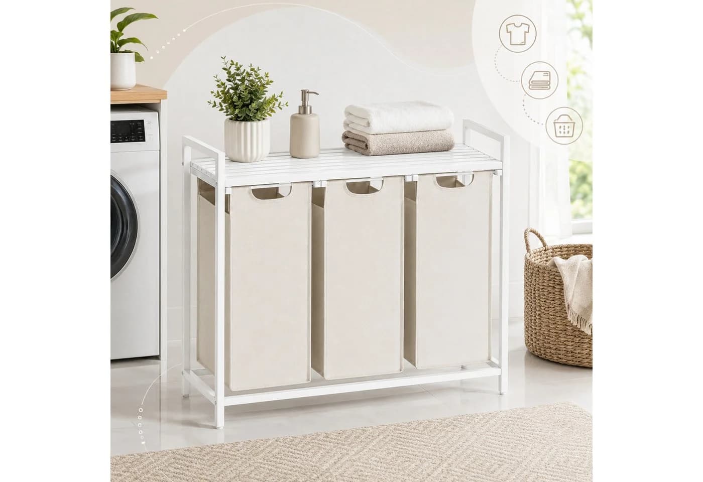 BEGRYF Wäschekorb mit 3 Fächern und Ablage Weiß Beige - Bild 5