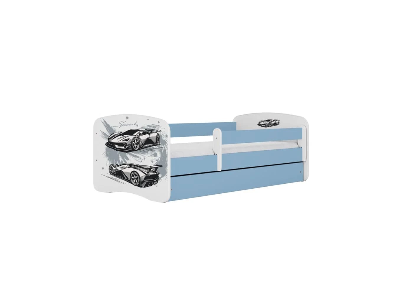 Raumhirsch Furniture Kinderbett Blau mit Sportwagen-Motiv und Stauraum