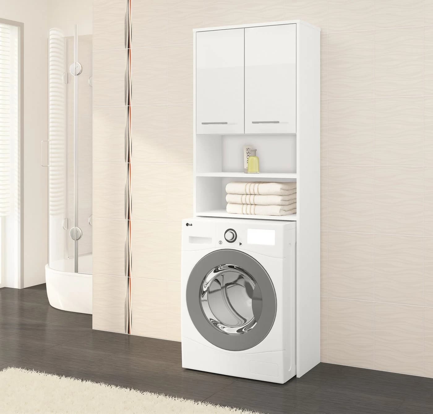 Raumhirsch Furniture Waschmaschinenumbauschrank Weiß Hochglanz 2 Türen - Bild 4