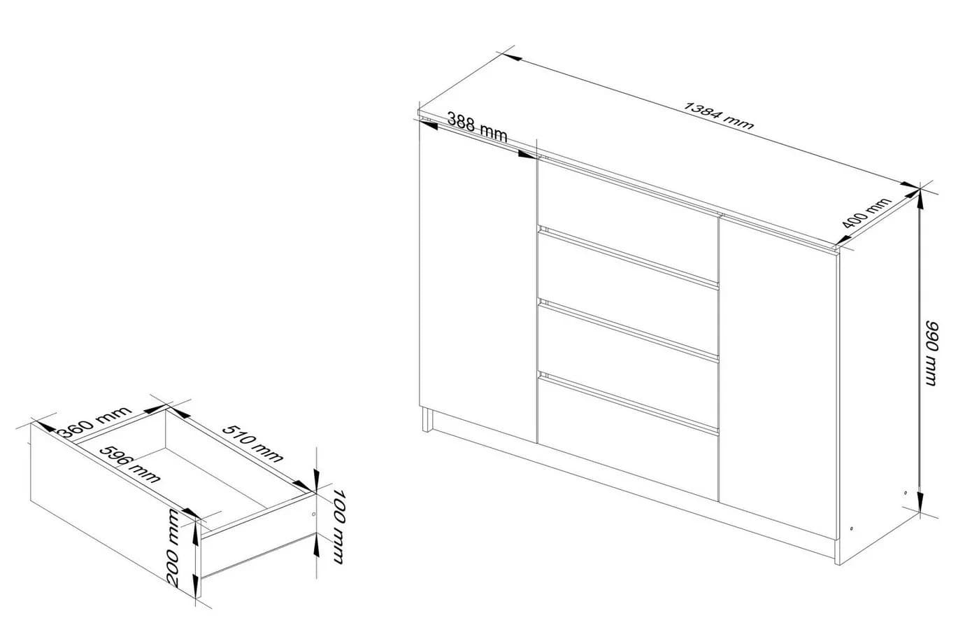 Raumhirsch Furniture Kommode mit 4 Schubladen, zwei Schranktüren, 138 cm breit Holz Schrank, Highboard / Kommode 138 cm, Sideboard Organizer für jeden Raum - Bild 4