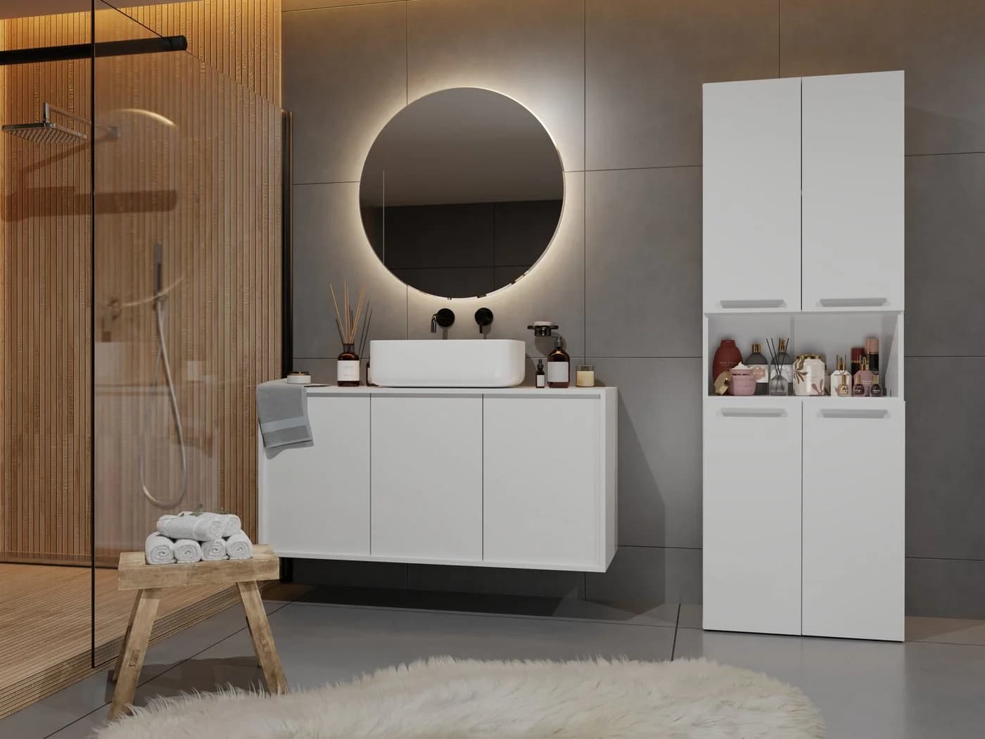 Raumhirsch Furniture Badkommode Badhochschrank Weiß 3 Türen 5 Regale - Bild 5