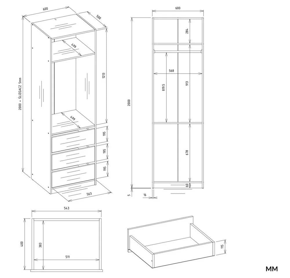 Raumhirsch Furniture Kleiderschrank mit 3 Schubladen und Kleiderstange - Bild 3