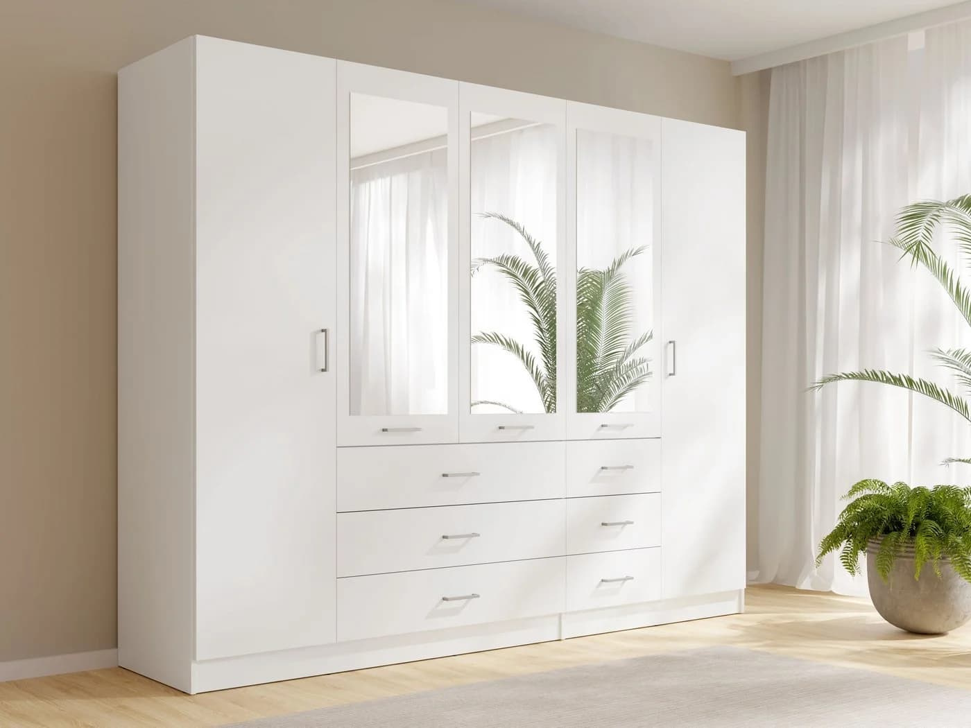 Raumhirsch Furniture Kleiderschrank mit Spiegel und 6 Schubladen Weiß - Bild 2