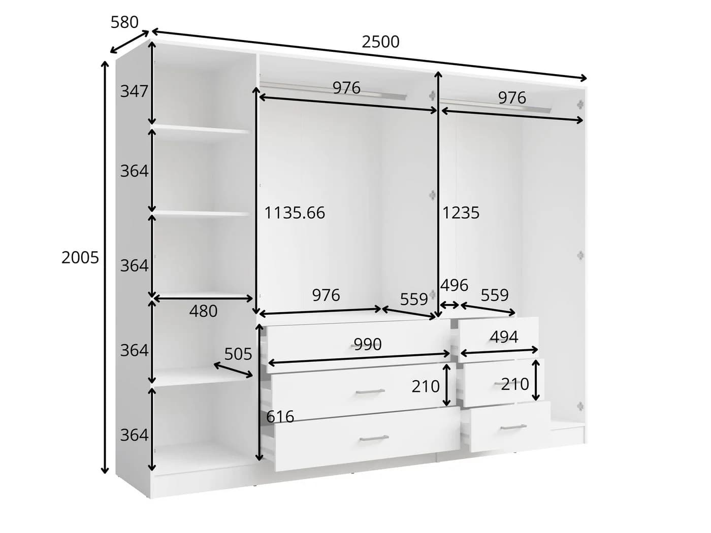 Raumhirsch Furniture Kleiderschrank mit Spiegel und 6 Schubladen Weiß - Bild 3