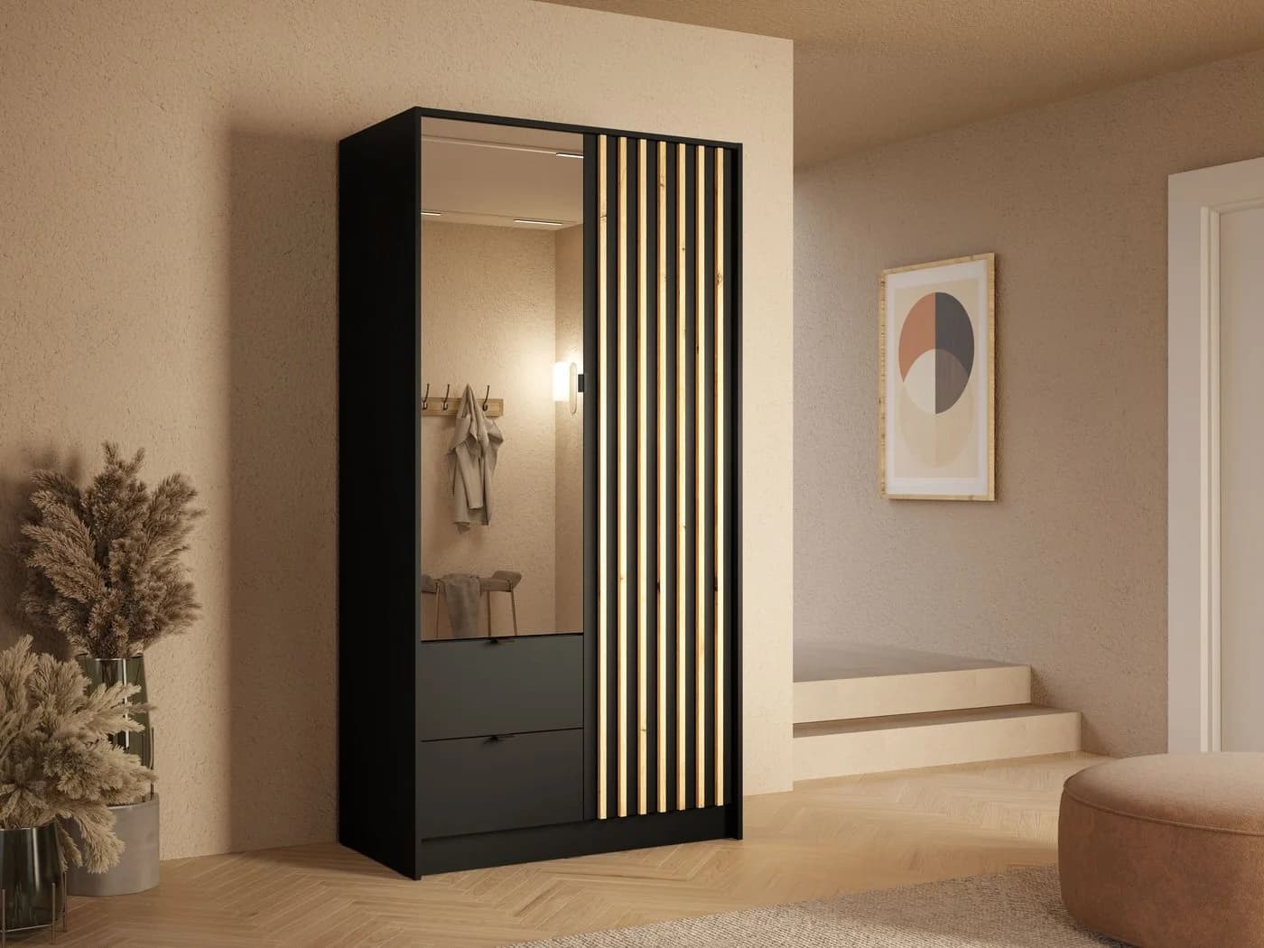 Raumhirsch Furniture Kleiderschrank KATANIA mit Spiegel und Lamellen Schwarz - Bild 2