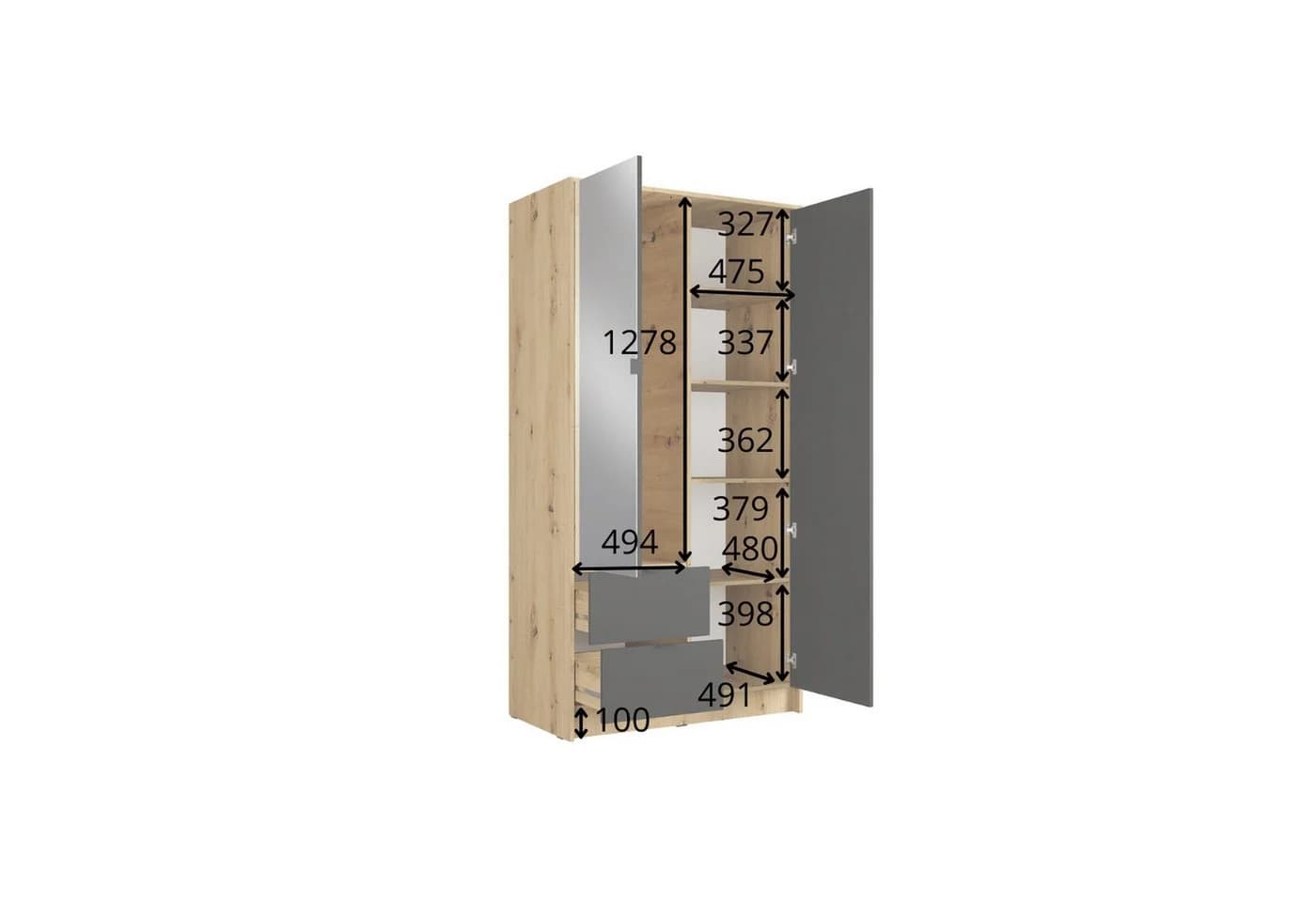 Raumhirsch Furniture Kleiderschrank KATANIA mit Spiegel und Lamellen Schwarz - Bild 3