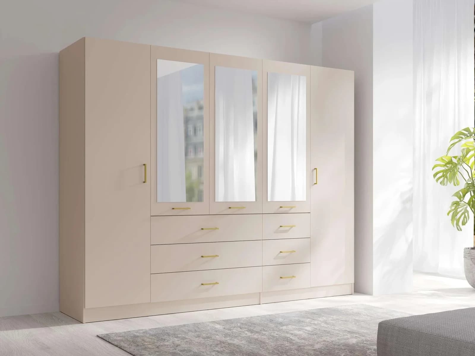 Kleiderschrank HOME AFFAIRE KOS Garderobe mit 6 Schubladen, 2 Kleiderstangen, 5 Einlegeböden, 3 Spiegel, beige