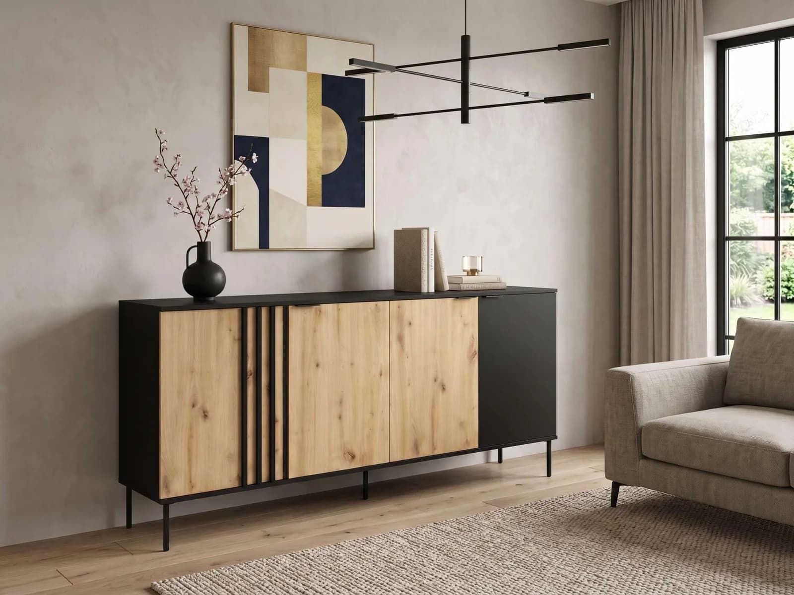 OTTO HOME Sideboard AELLOR mit 4 Türen Schwarz/Artisan Eiche