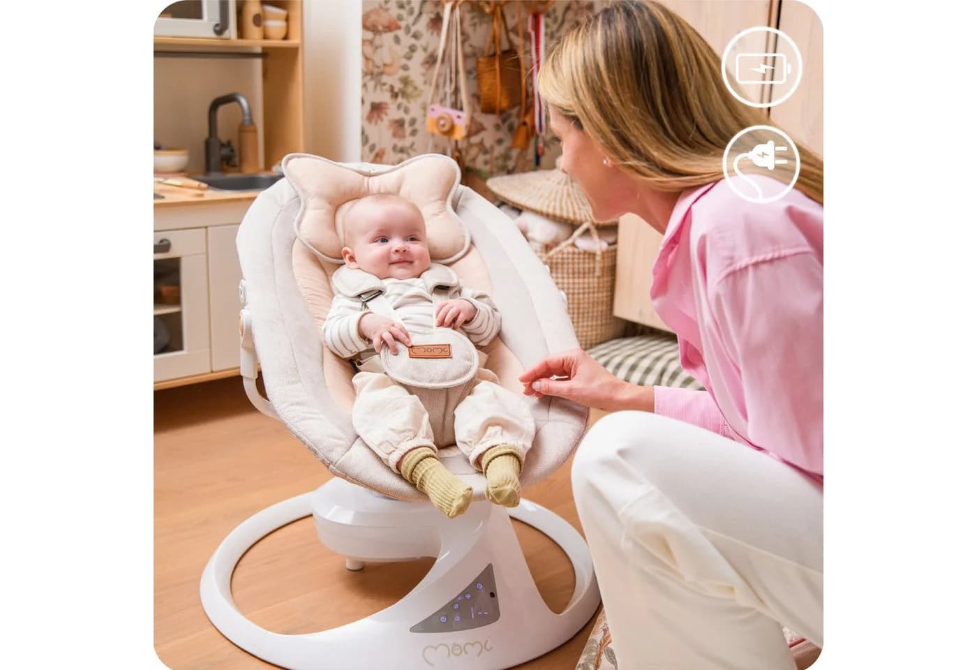 MoMi Babywippe Pearl Grau 360° drehbar Bluetooth