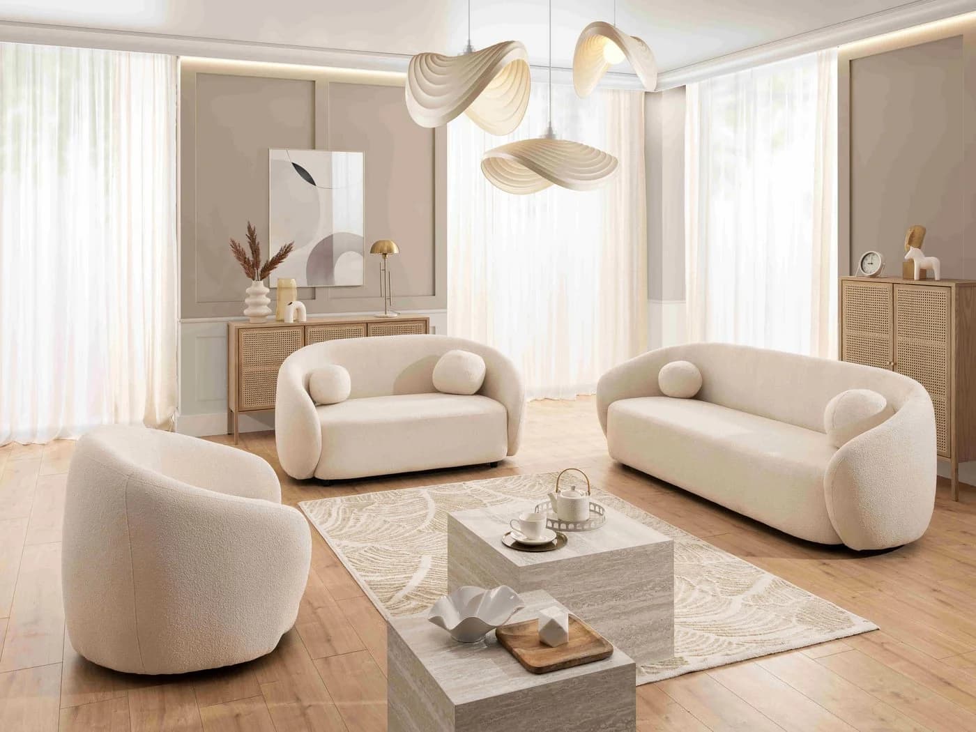 S-Style Möbel 3-Sitzer Sofa Roundi Bouclé Cremeweiß Modern - Bild 5