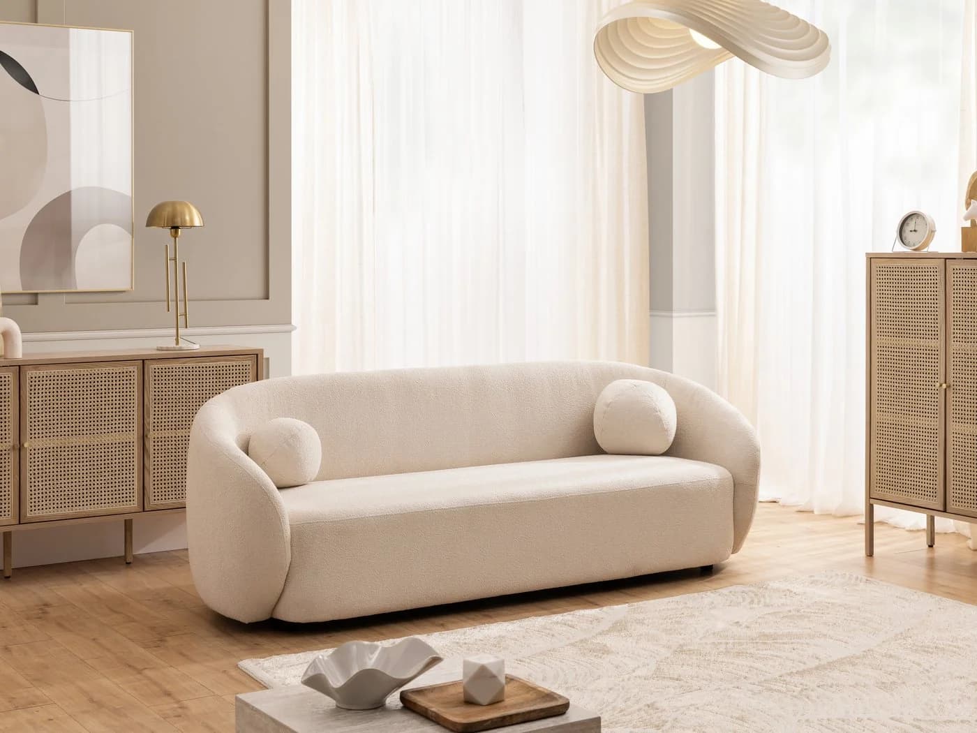 S-Style Möbel Polstergarnitur 3+2+1 Roundi Bouclé Weiß/Beige/Grau