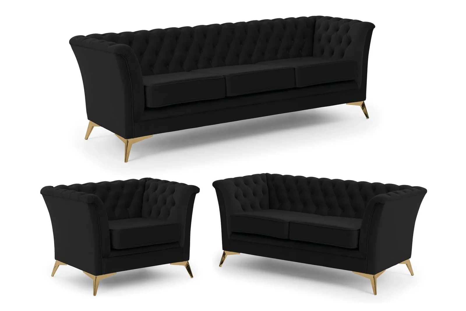 Chesterfield Sofa-Set Schwarz Samt Goldbeine 3+2+1