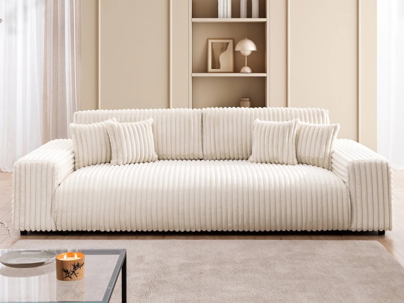 S-Style Möbel Schlafsofa Mollis 4-Sitzer Hellbeige Plüschcord mit Bettkasten