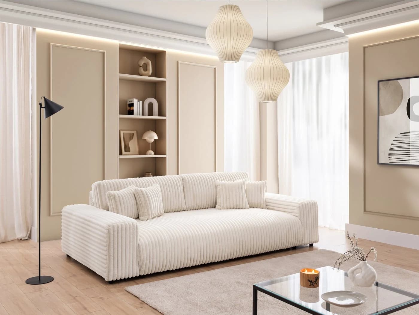 S-Style Möbel Schlafsofa Mollis 4-Sitzer Hellbeige Plüschcord mit Bettkasten - Bild 3