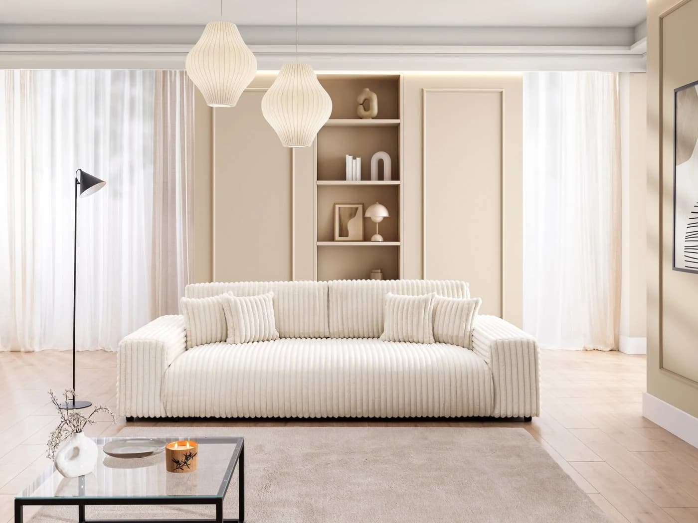 S-Style Möbel Schlafsofa Mollis 4-Sitzer Hellbeige Plüschcord mit Bettkasten - Bild 4