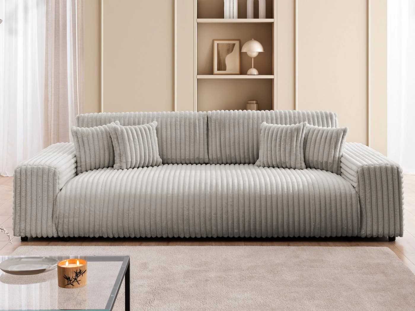 S-Style Möbel Schlafsofa Mollis 4-Sitzer Grau Plüschcord mit Bettkasten