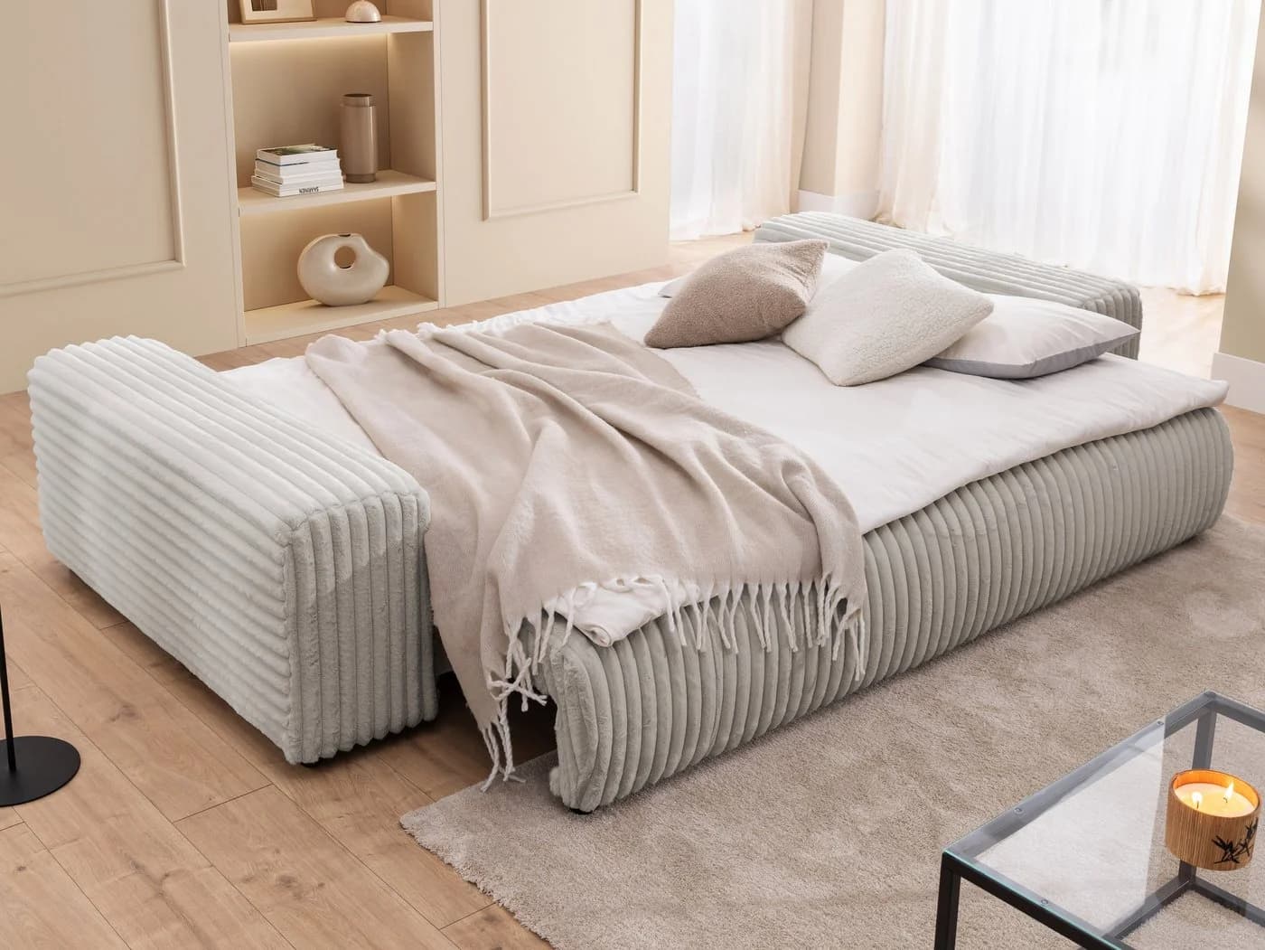 S-Style Möbel Schlafsofa Mollis 4-Sitzer Grau Plüschcord mit Bettkasten - Bild 5