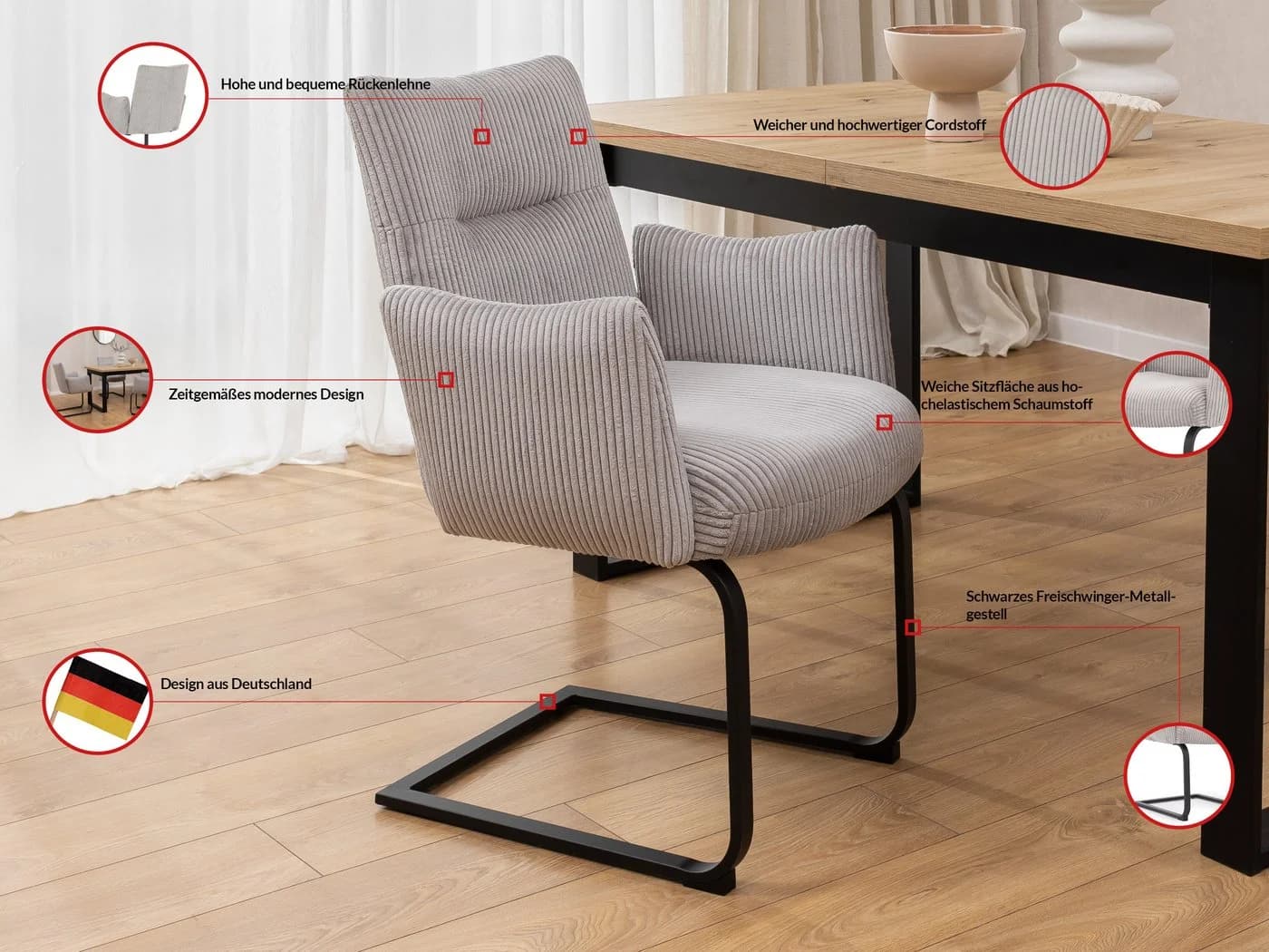 S-Style Möbel Polsterstuhl 2er Set Hera Grau Cord Freischwinger - Bild 4
