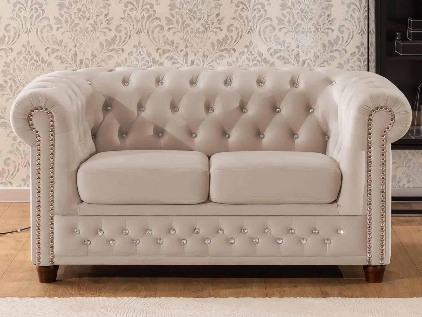 S-Style Möbel Chesterfield-Sofa 2-Sitzer Cleo Blink Beige Samt
