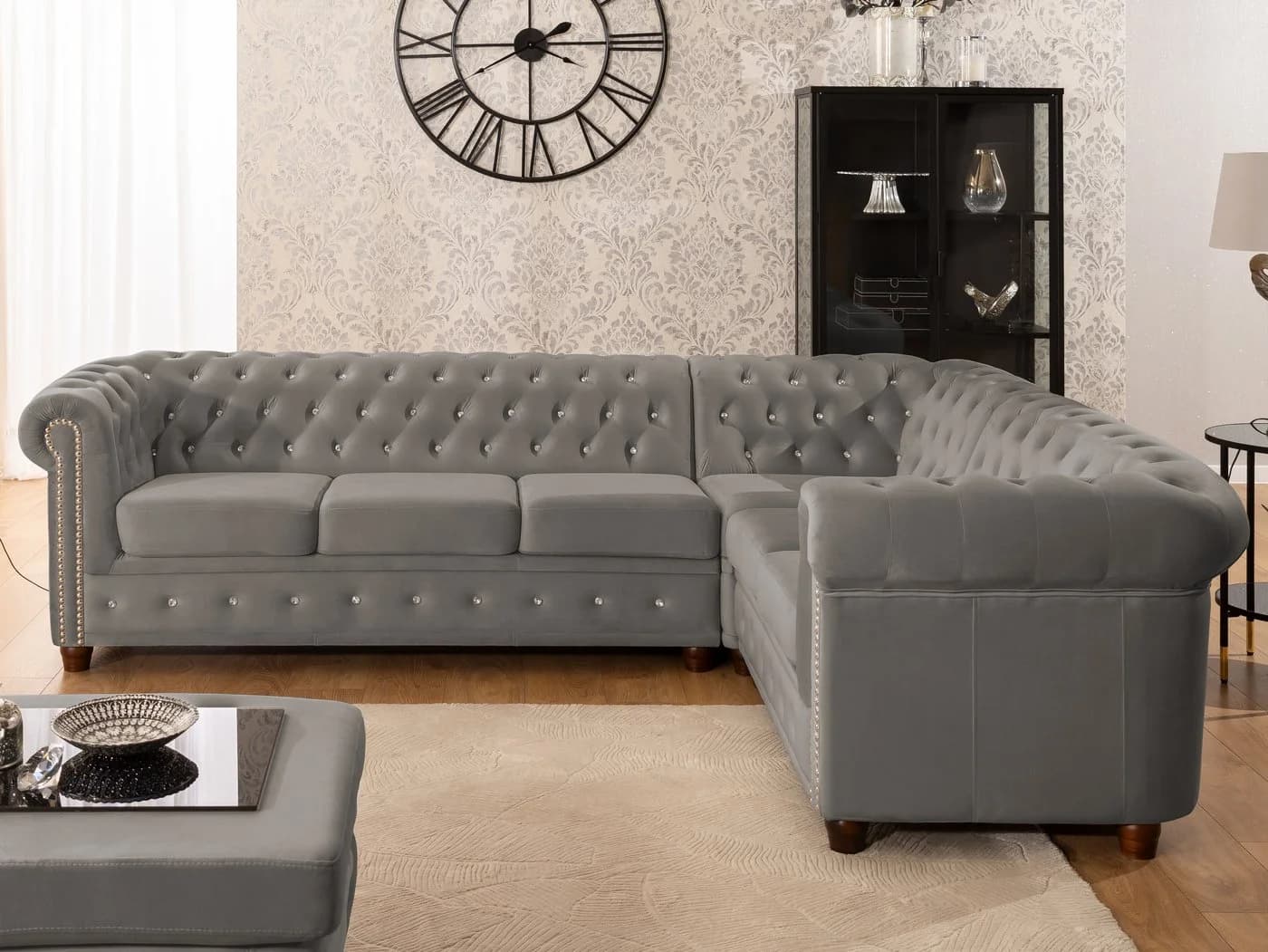 S-Style Möbel Ecksofa Chesterfield L-Form Cleo Blink Samt Grau