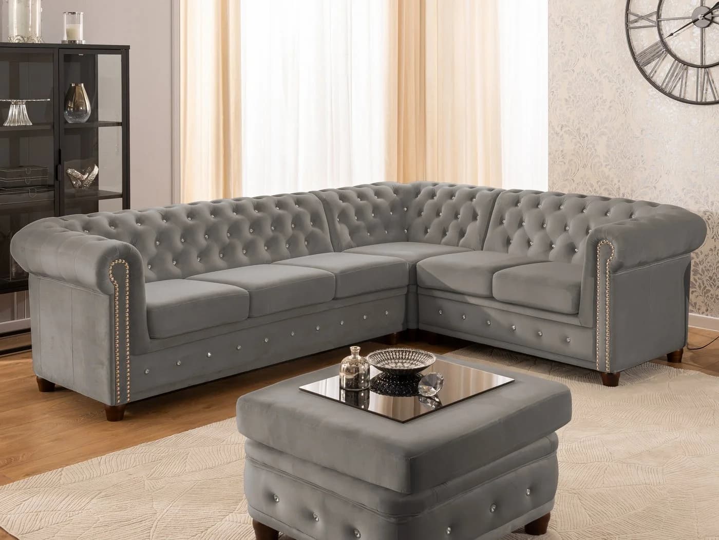 S-Style Möbel Ecksofa Chesterfield L-Form Cleo Blink Samt Grau - Bild 2