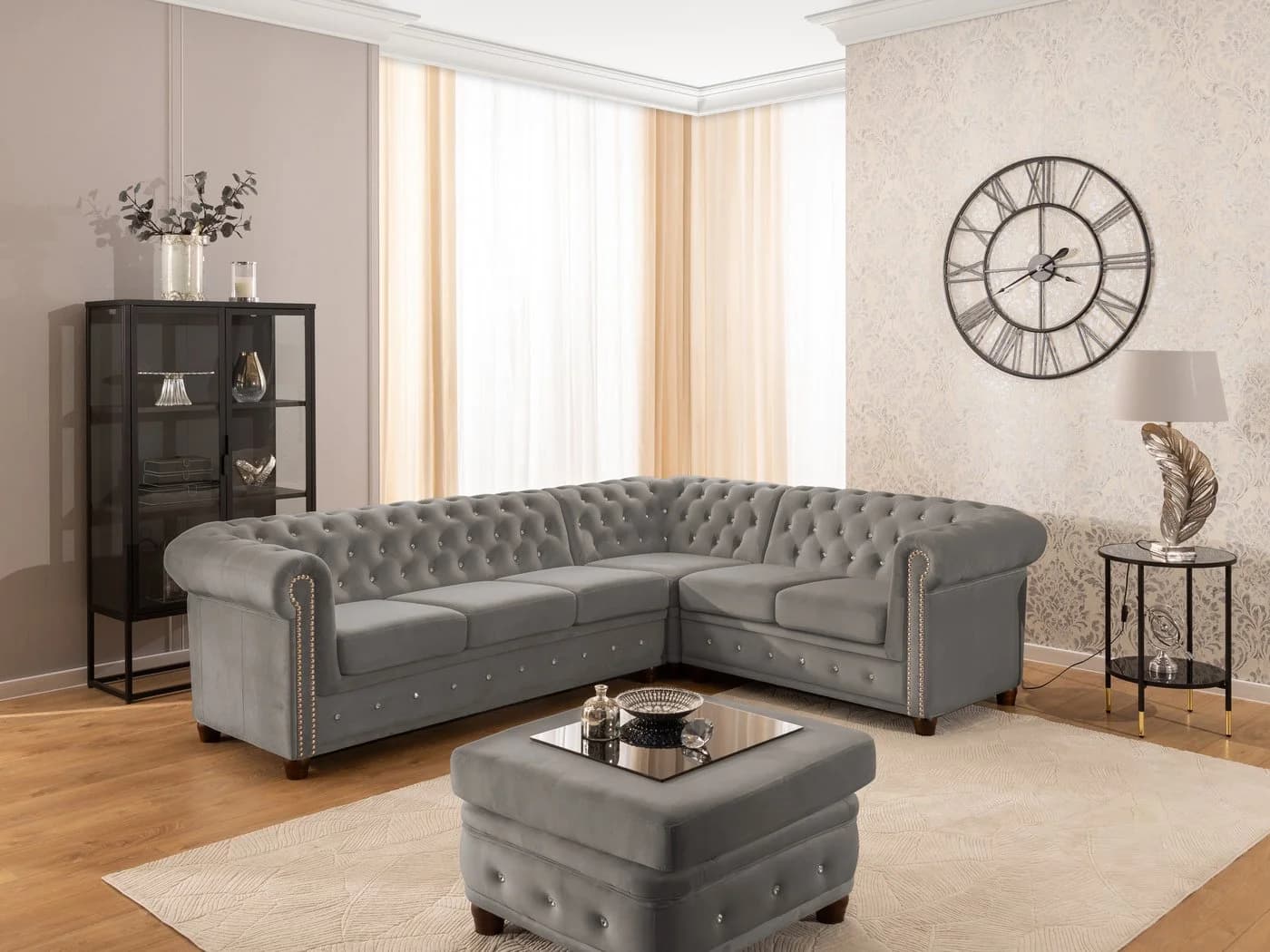 S-Style Möbel Ecksofa Chesterfield L-Form Cleo Blink Samt Grau - Bild 3