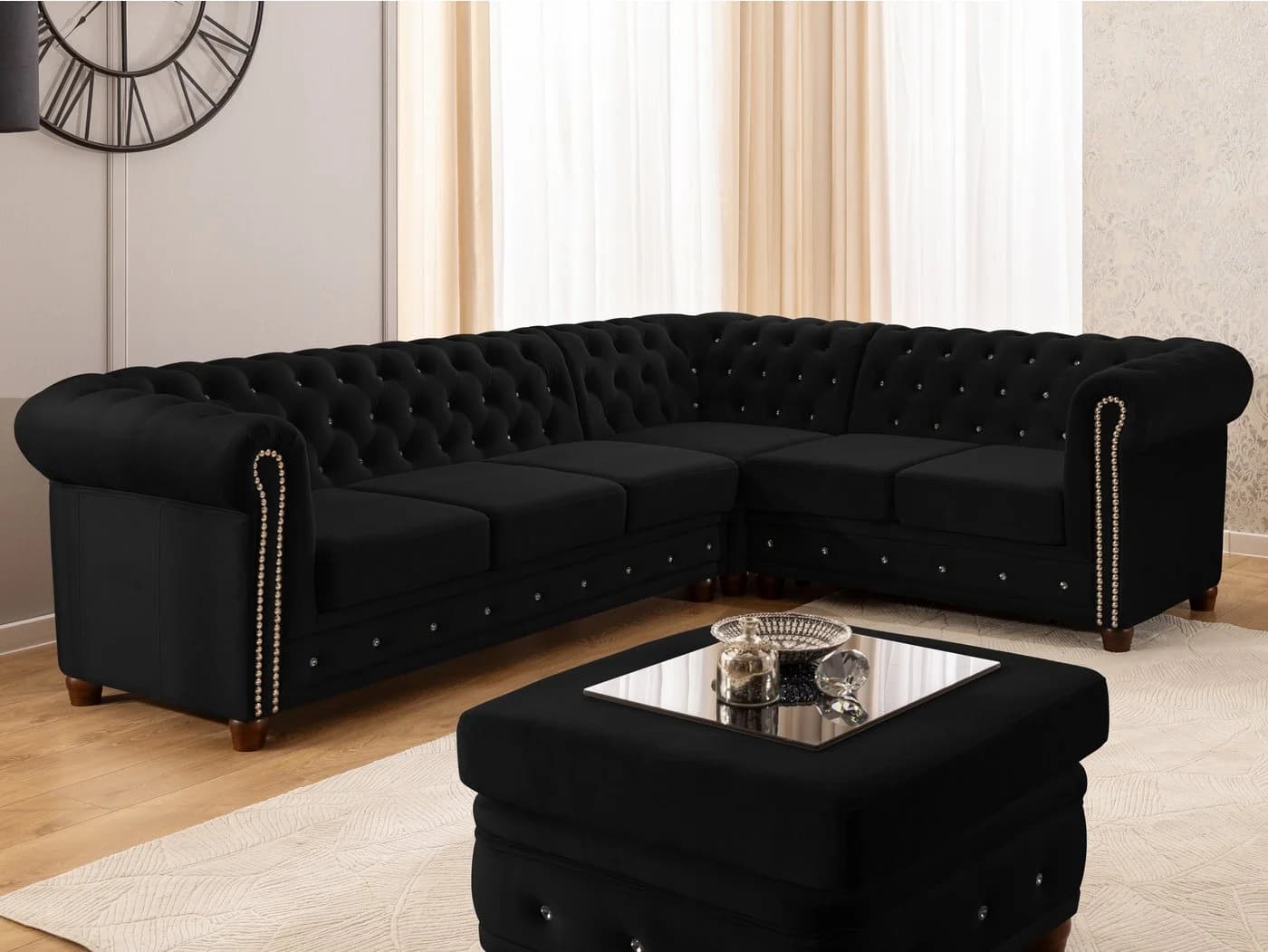 S-Style Möbel Ecksofa Chesterfield Cleo Blink Samt Schwarz mit Schlaffunktion - Bild 2