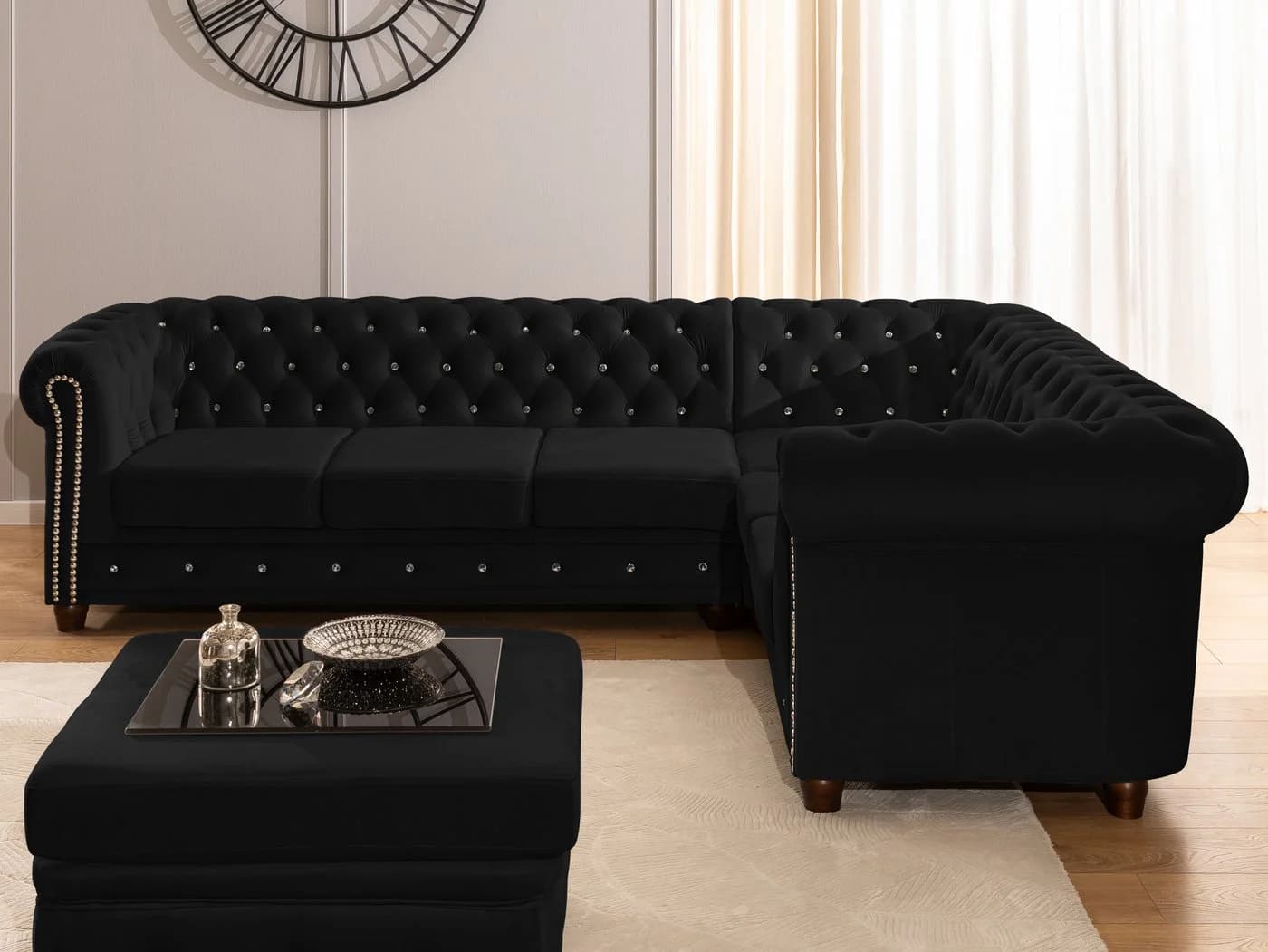S-Style Möbel Ecksofa Chesterfield Cleo Blink Samt Schwarz mit Schlaffunktion - Bild 3