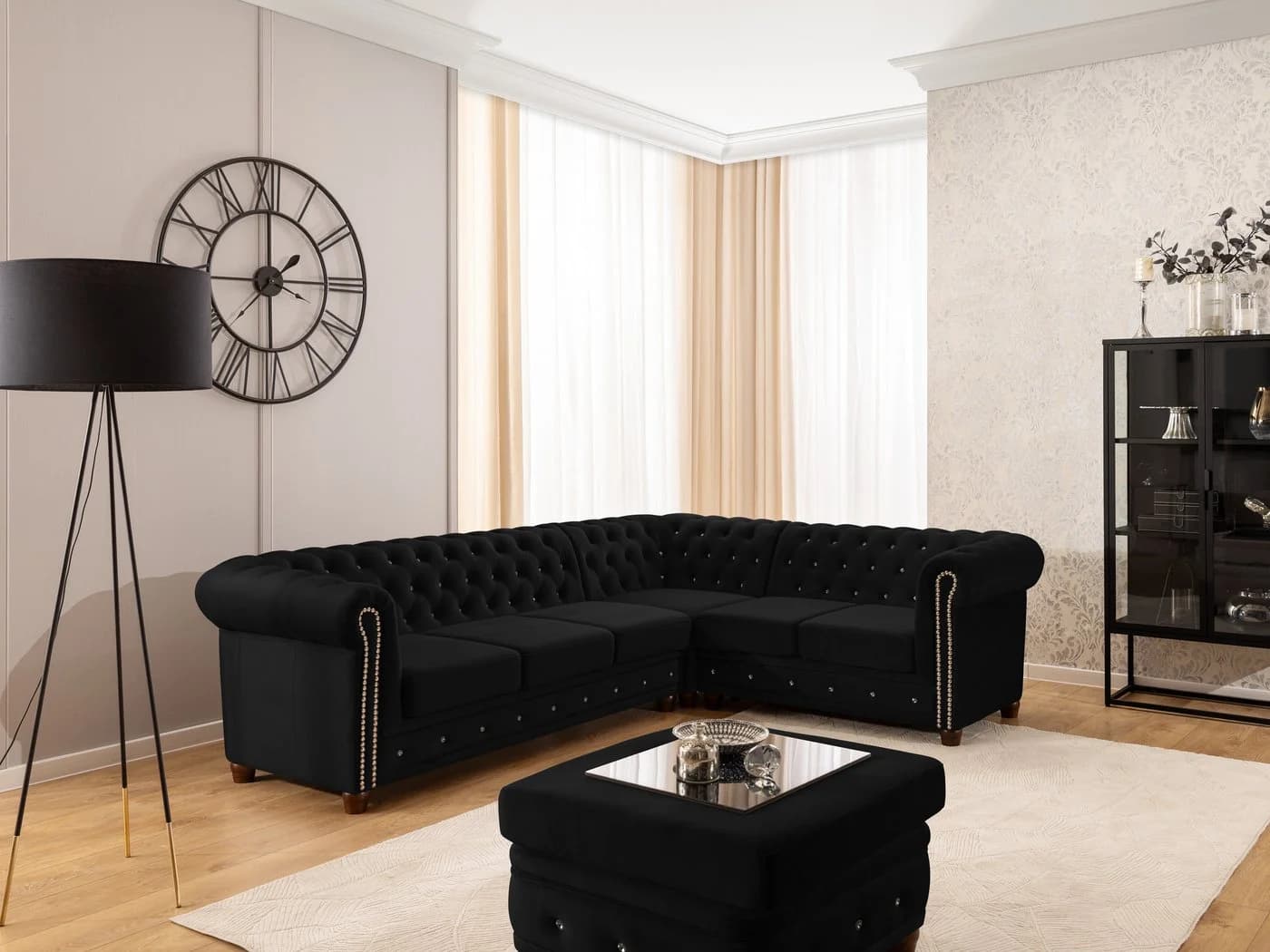 S-Style Möbel Ecksofa Chesterfield Cleo Blink Samt Schwarz mit Schlaffunktion - Bild 4