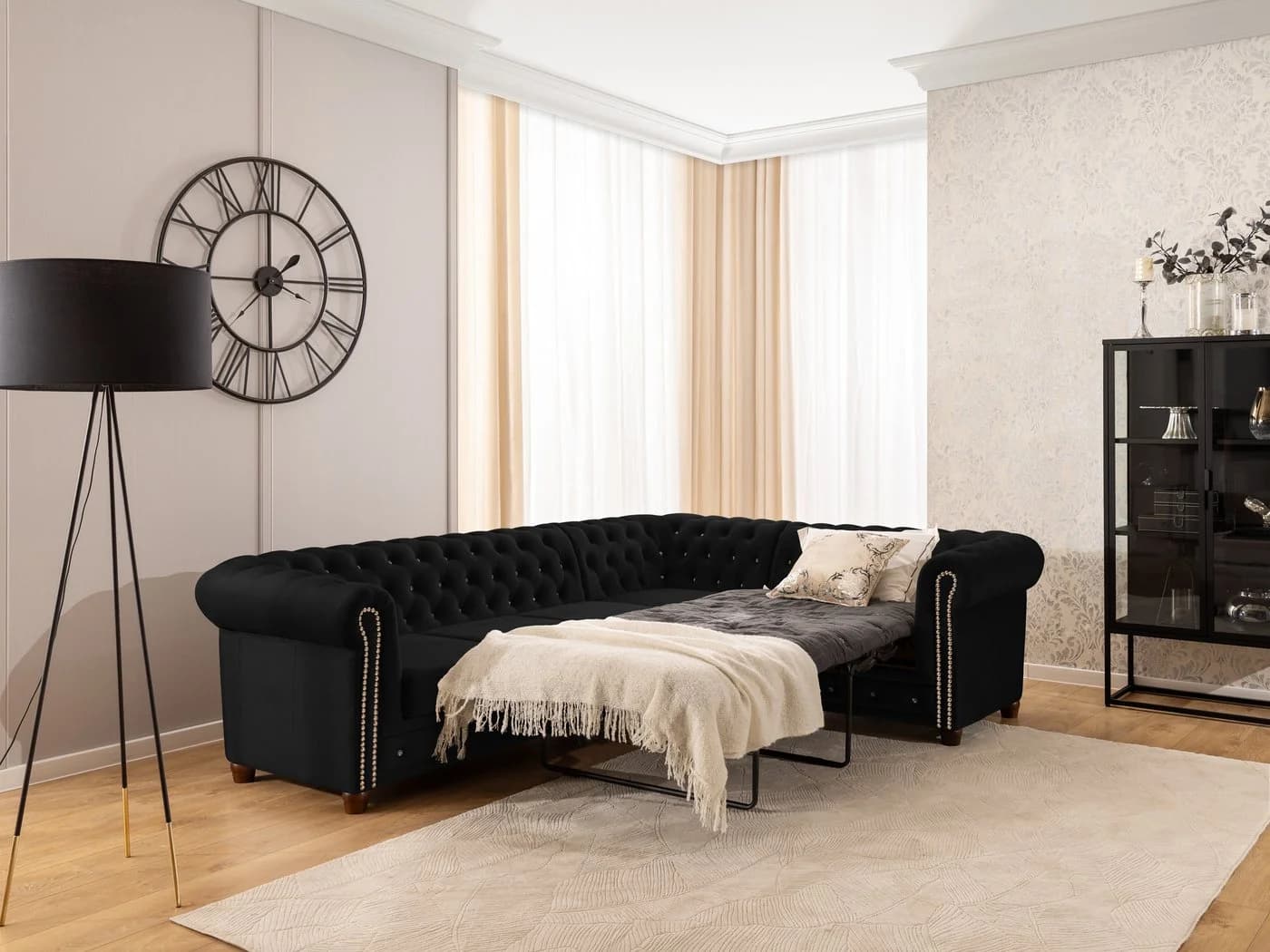 S-Style Möbel Ecksofa Chesterfield Cleo Blink Samt Schwarz mit Schlaffunktion - Bild 5