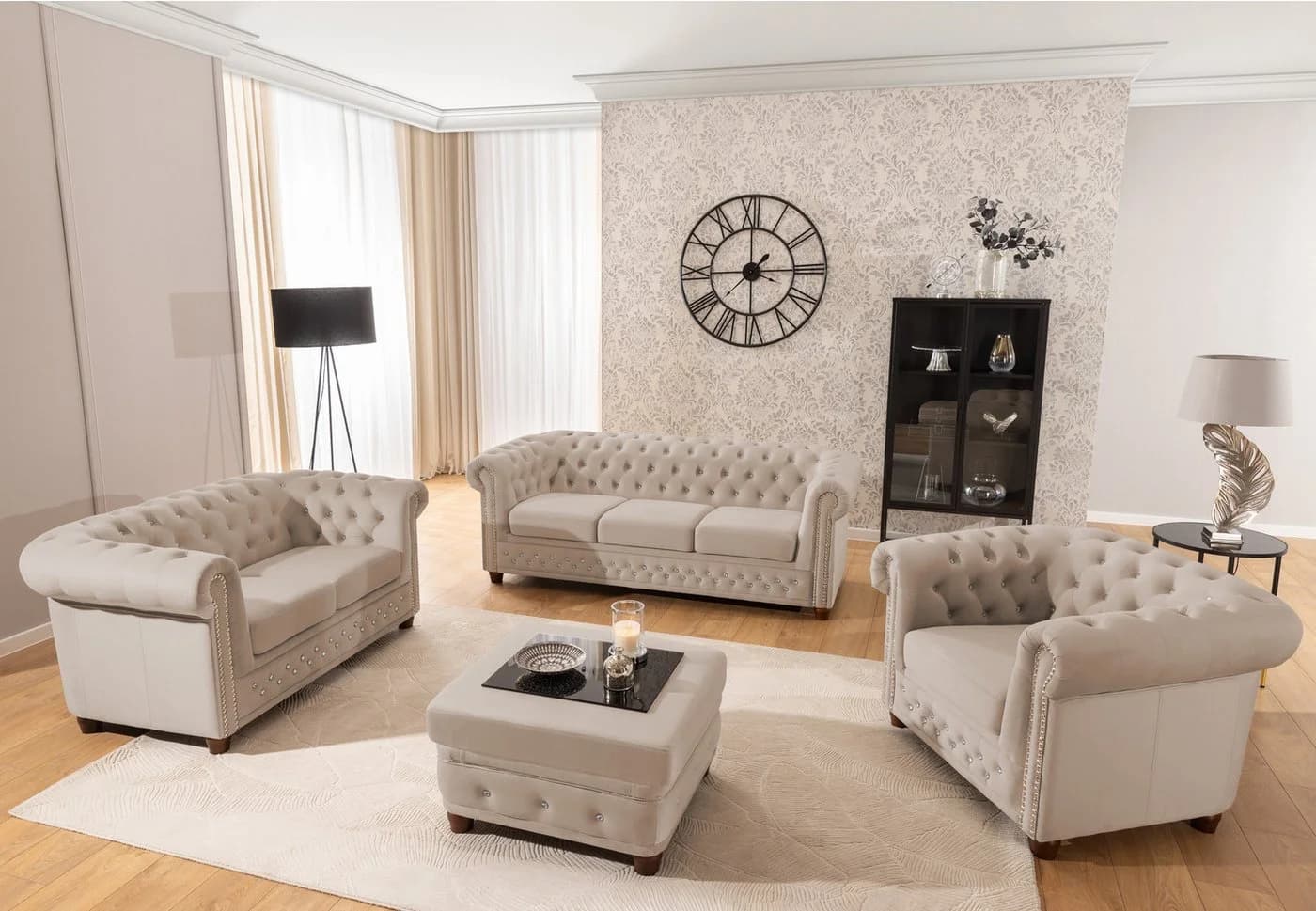 S-Style Möbel Polstergarnitur Chesterfield 3+2+1 Cleo Blink aus Samt mit Kristallsteppung - Bild 2
