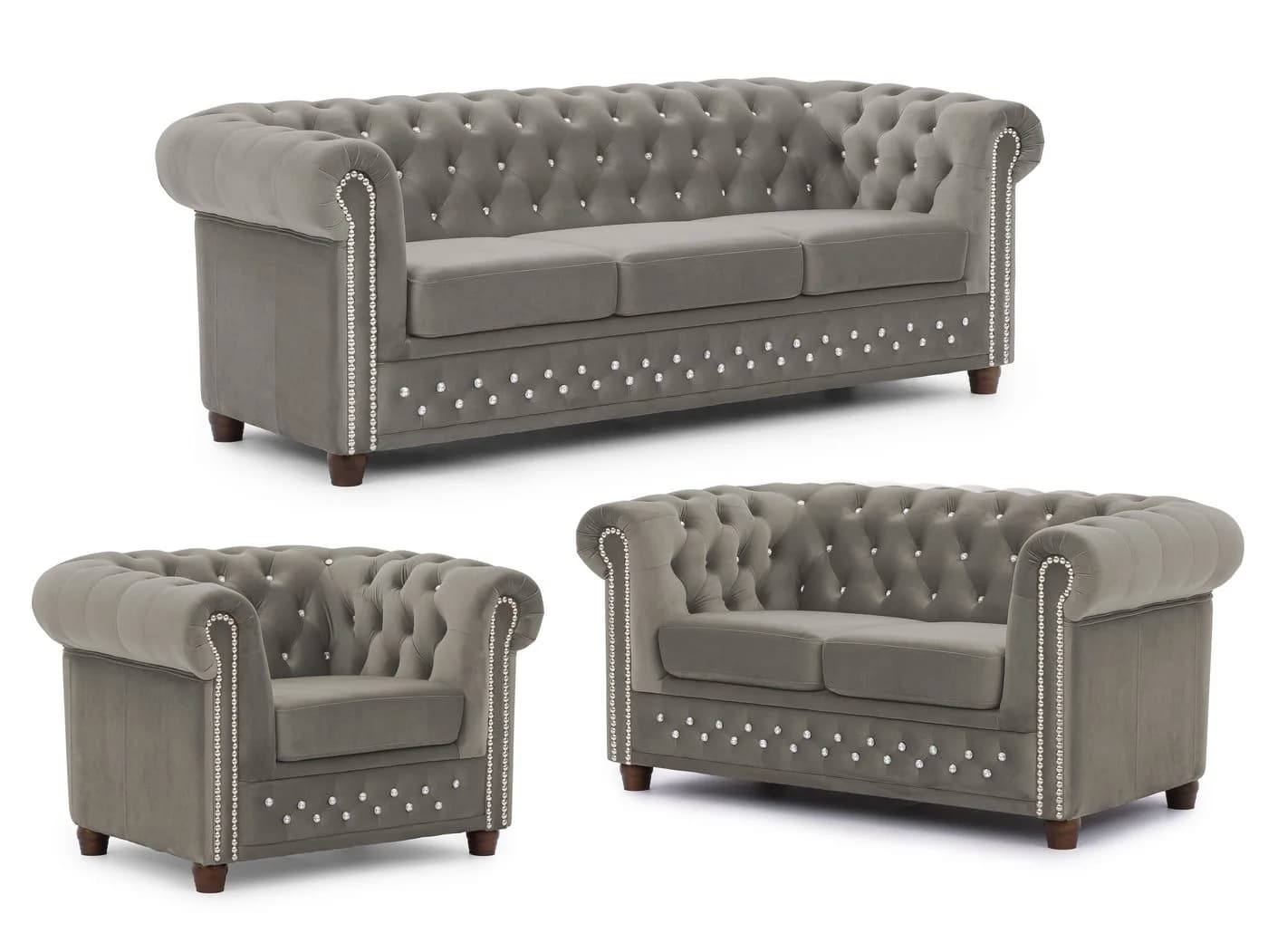 S-Style Möbel Polstergarnitur Chesterfield 3+2+1 Cleo Blink aus Samt mit Kristallsteppung, 1x 3-Sitzer-Sofa, 1x 2-Sitzer-Sofa, 1x Sessel, mit Wellenfederung
