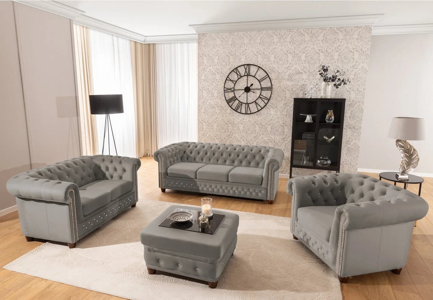S-Style Möbel Polstergarnitur Chesterfield 3+2+1 Cleo Blink aus Samt mit Kristallsteppung, 1x 3-Sitzer-Sofa, 1x 2-Sitzer-Sofa, 1x Sessel, mit Wellenfederung - Bild 2