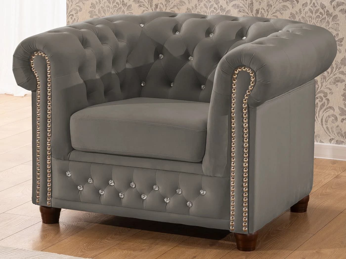 S-Style Möbel Polstergarnitur Chesterfield 3+2+1 Cleo Blink aus Samt mit Kristallsteppung, 1x 3-Sitzer-Sofa, 1x 2-Sitzer-Sofa, 1x Sessel, mit Wellenfederung - Bild 5