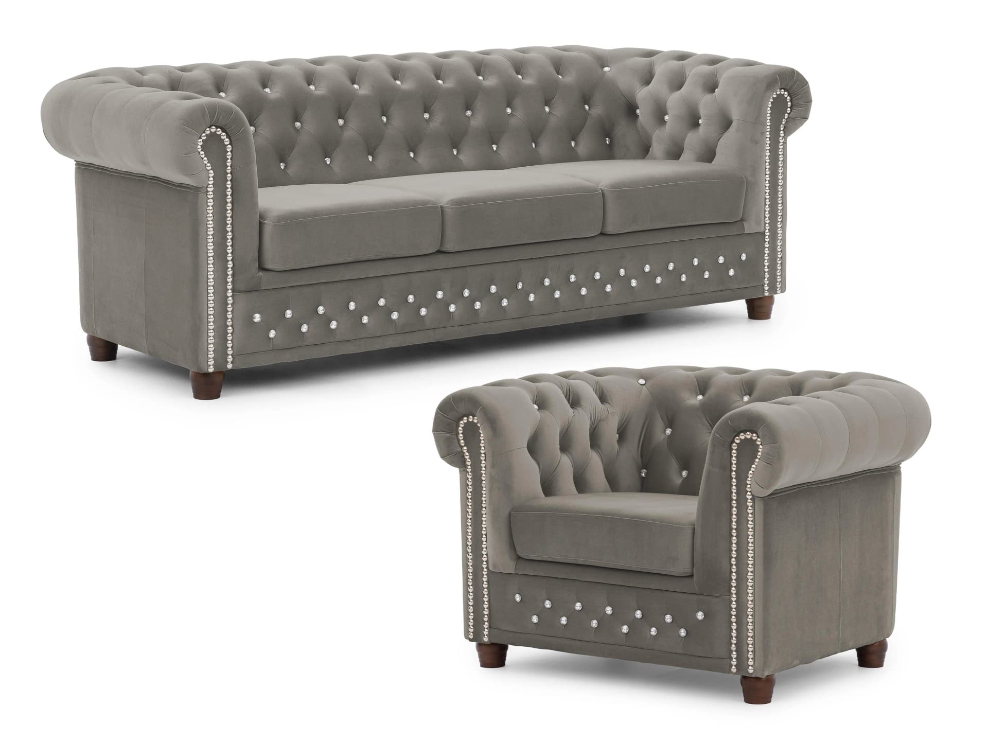 SITZGARNITUR 3+1 Chesterfield Cleo Blink Grau Samt mit Kristallsteppung