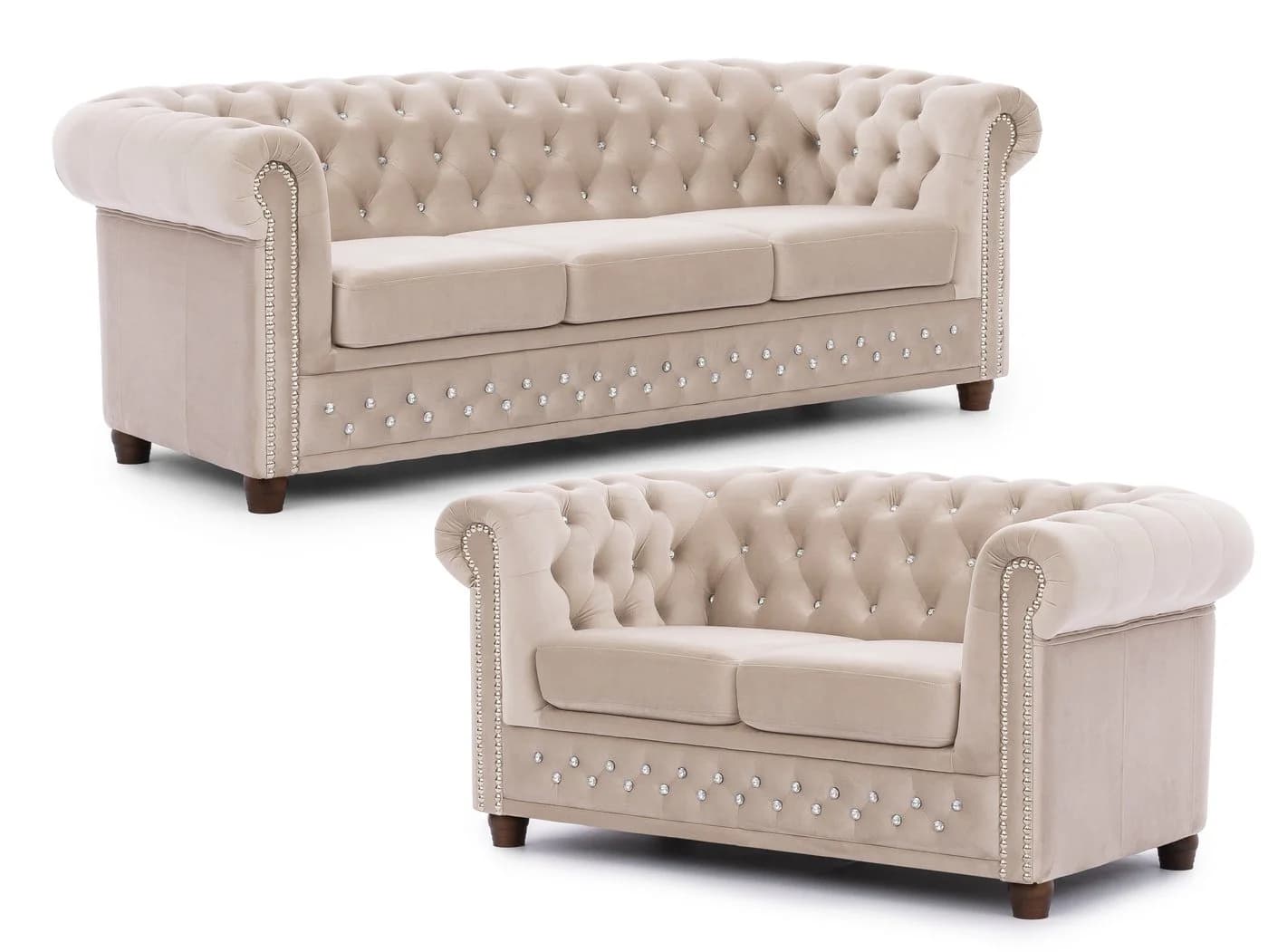 S-Style Möbel Chesterfield Polstergarnitur Beige Samt Kristallsteppung 3+2 - Bild 2