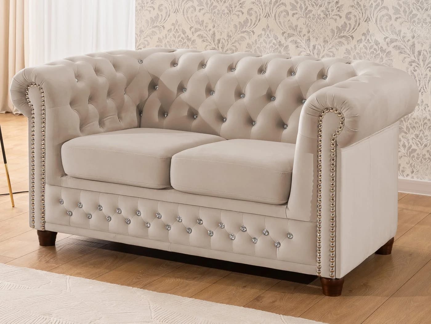 S-Style Möbel Chesterfield Polstergarnitur Beige Samt Kristallsteppung 3+2 - Bild 3