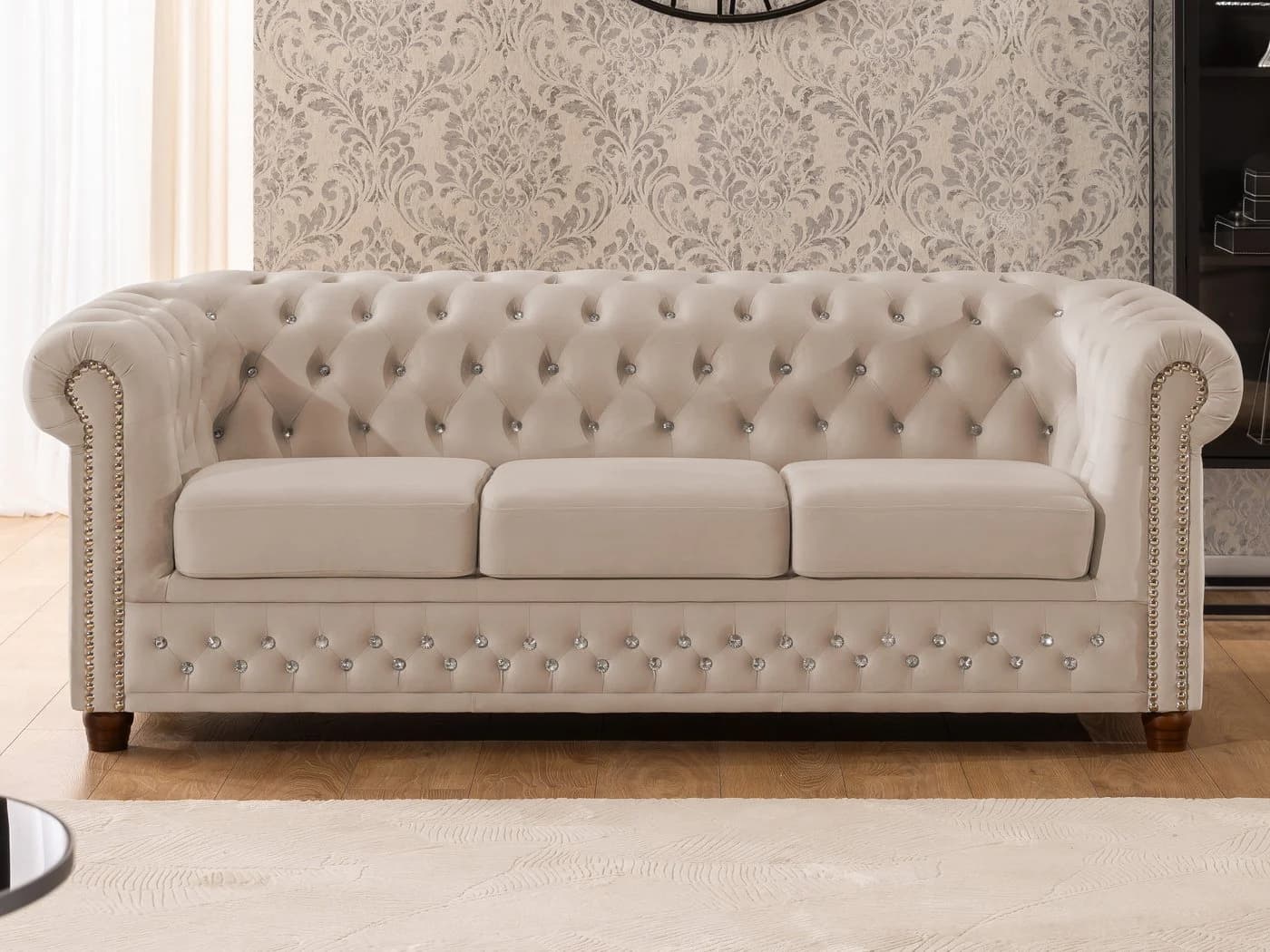 S-Style Möbel Chesterfield Polstergarnitur Beige Samt Kristallsteppung 3+2 - Bild 4