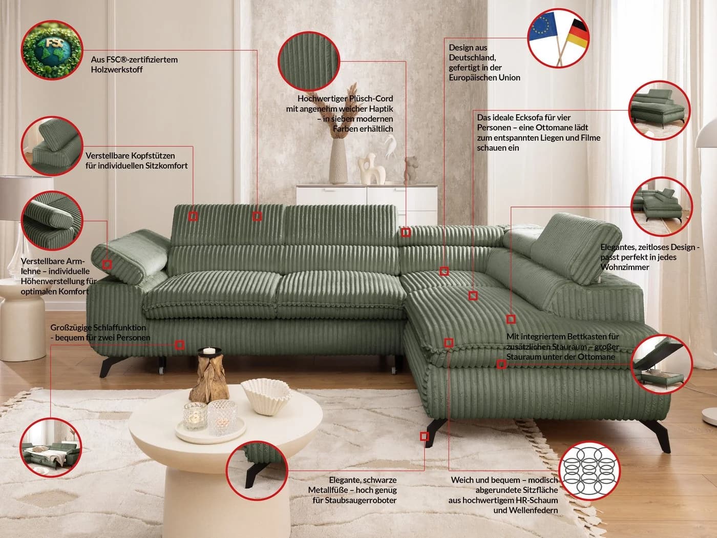 S-Style Möbel Ecksofa Bonnie mit Schlaffunktion, Cordstoff, Bettkasten - Bild 5