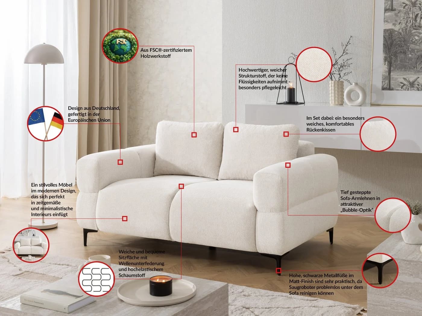 S-Style Möbel 2-Sitzer Sofa Cardea in Bubble-Optik aus weichem Strukturstoff - Bild 3