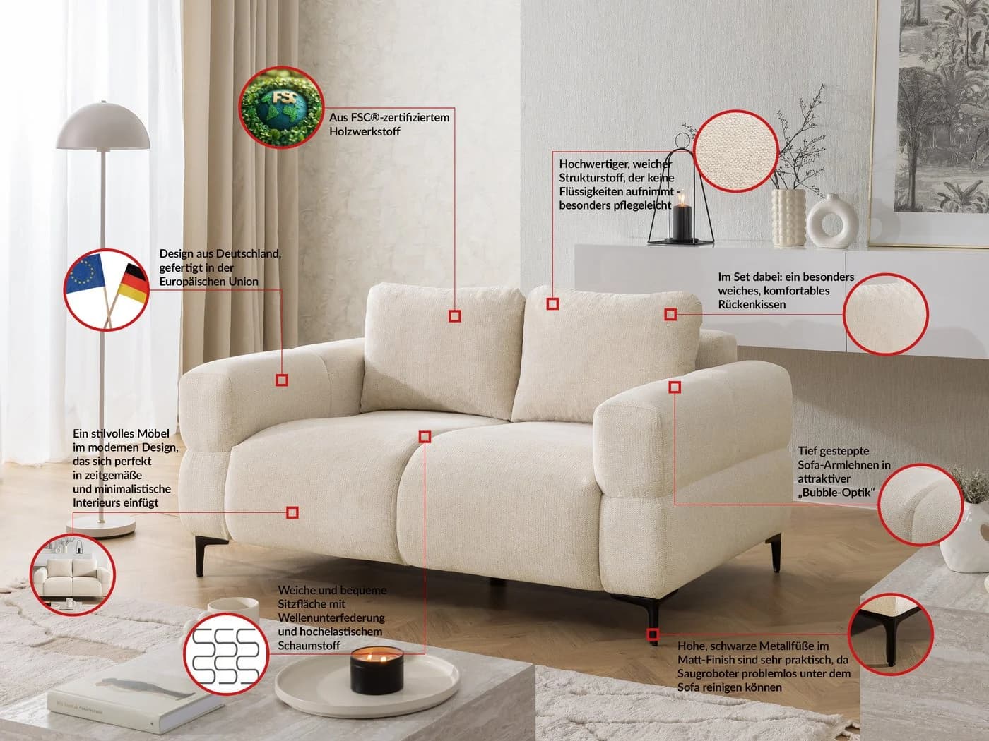 S-Style Möbel 2-Sitzer Sofa Cardea Bubble-Optik Strukturstoff - Bild 3