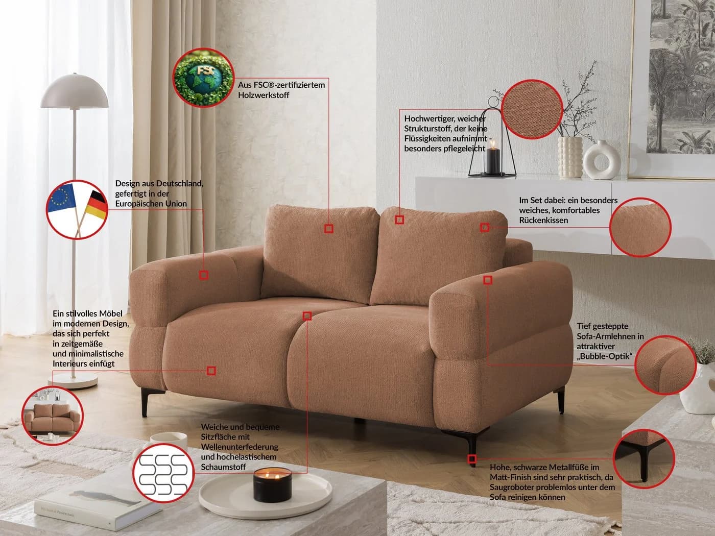 S-Style Möbel 2-Sitzer Sofa Cardea Rot Bubble-Optik Strukturstoff - Bild 3