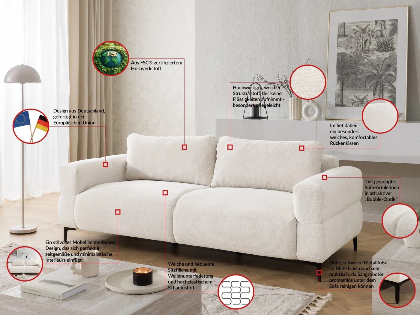 S-Style Möbel 3-Sitzer Sofa Cardea Bubble-Optik Strukturstoff - Bild 3