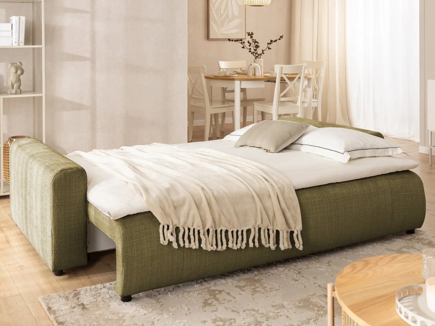 S-Style Möbel Schlafsofa Calma 4-Sitzer Grün Chenille Bettkasten