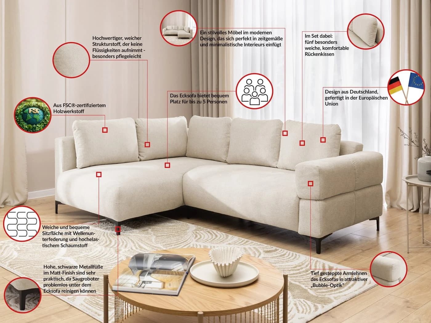 S-Style Möbel Ecksofa Cardea Hellbeige Bubble-Optik mit Schlaffunktion - Bild 3
