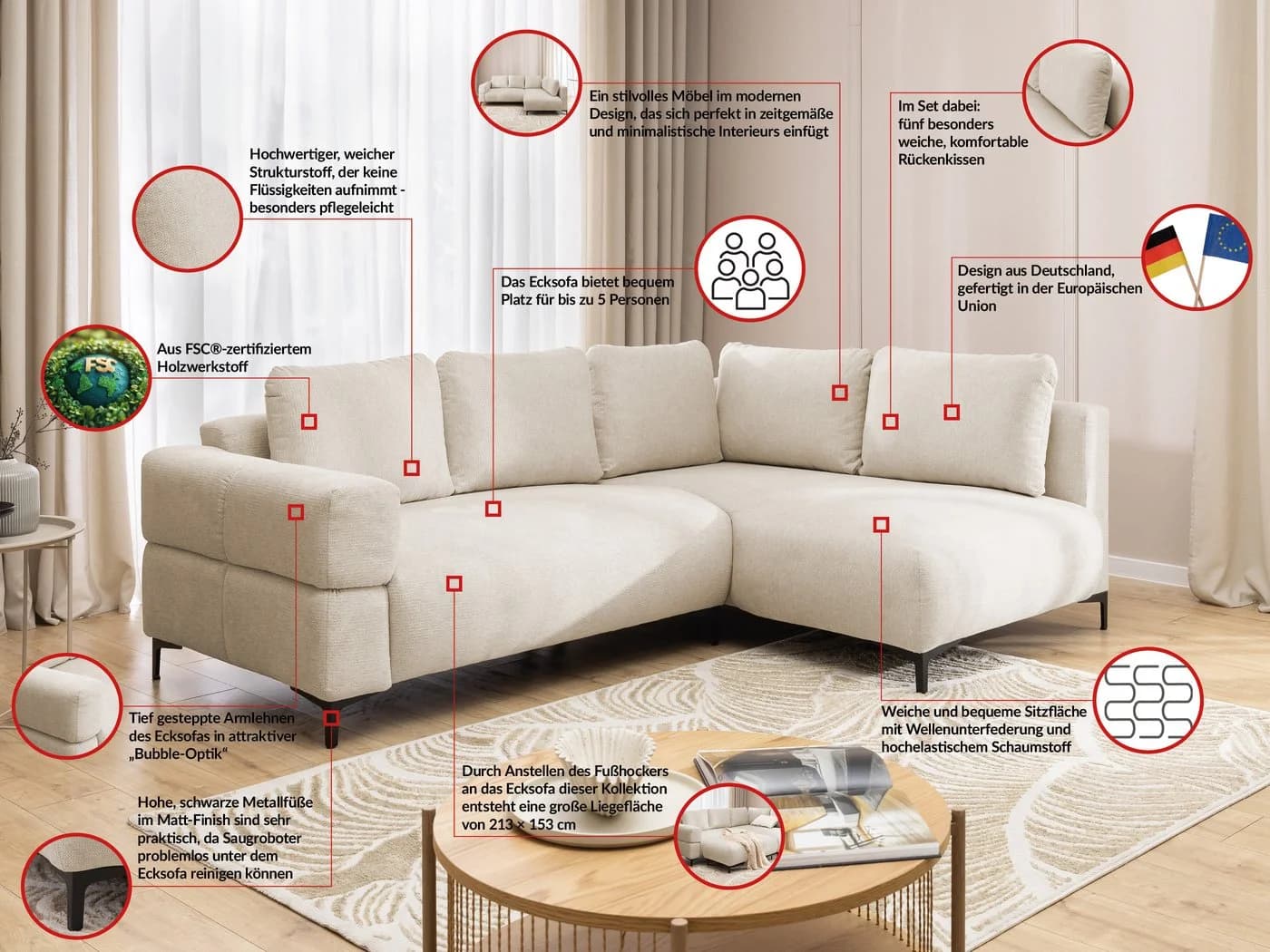 S-Style Möbel Ecksofa Cardea Beige Bubble-Optik mit Schlaffunktion - Bild 3