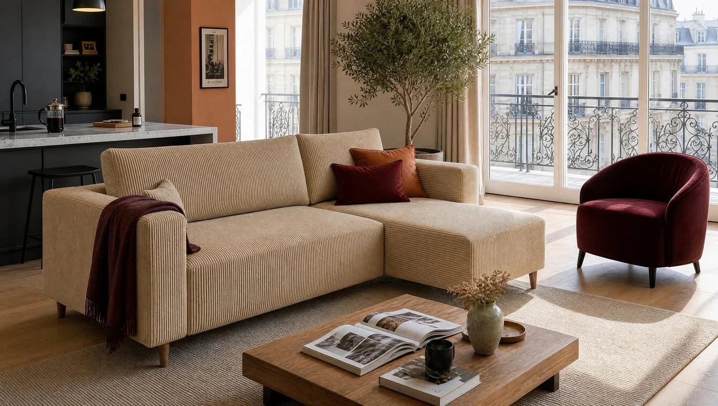 MARPUR Ecksofa RIO Beige Cordstoff mit Schlaffunktion und Bettkasten - Bild 2