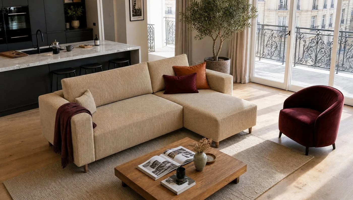 MARPUR Ecksofa RIO Beige Cordstoff mit Schlaffunktion und Bettkasten - Bild 4