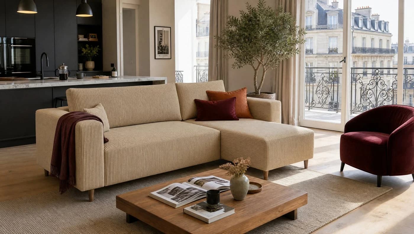 MARPUR Ecksofa RIO Beige Cordstoff mit Schlaffunktion und Bettkasten - Bild 5