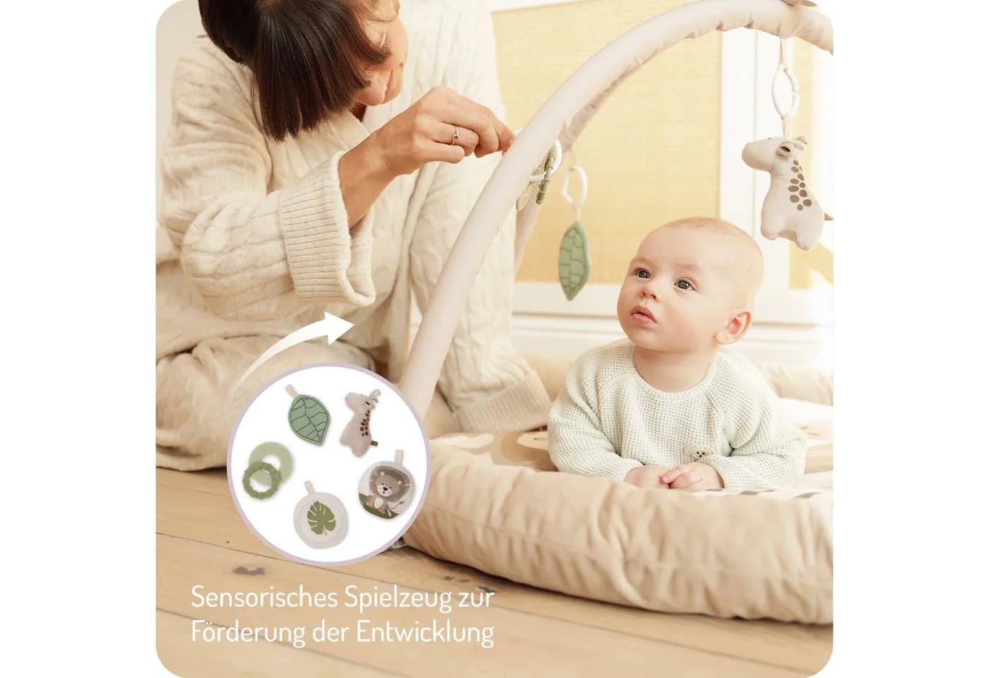 MoMi Baby Spielmatte LUANI Beige mit Spielbogen & Spiegel